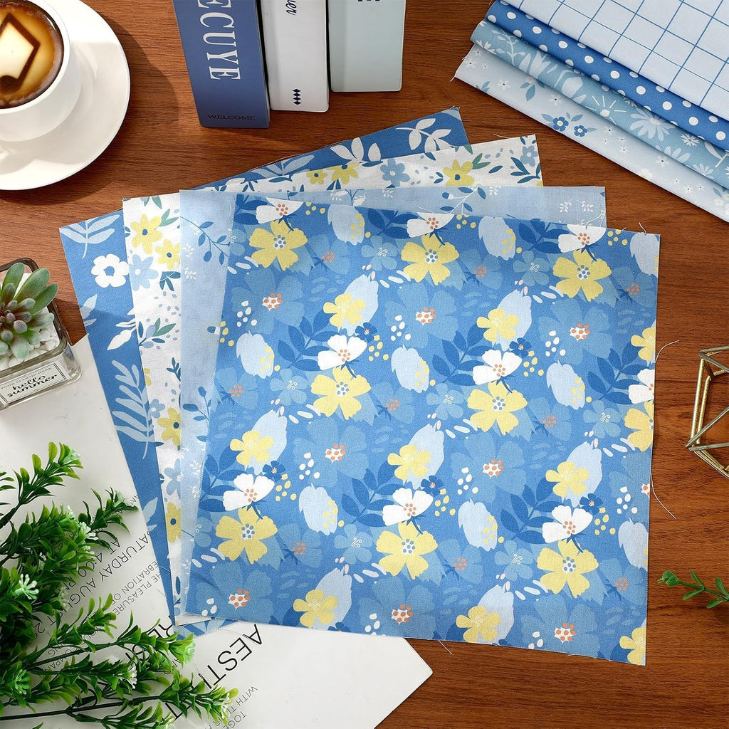 Whaline 32 Pcs Blue Floral Cotton Fabric Bundles Dot Plaid Flower