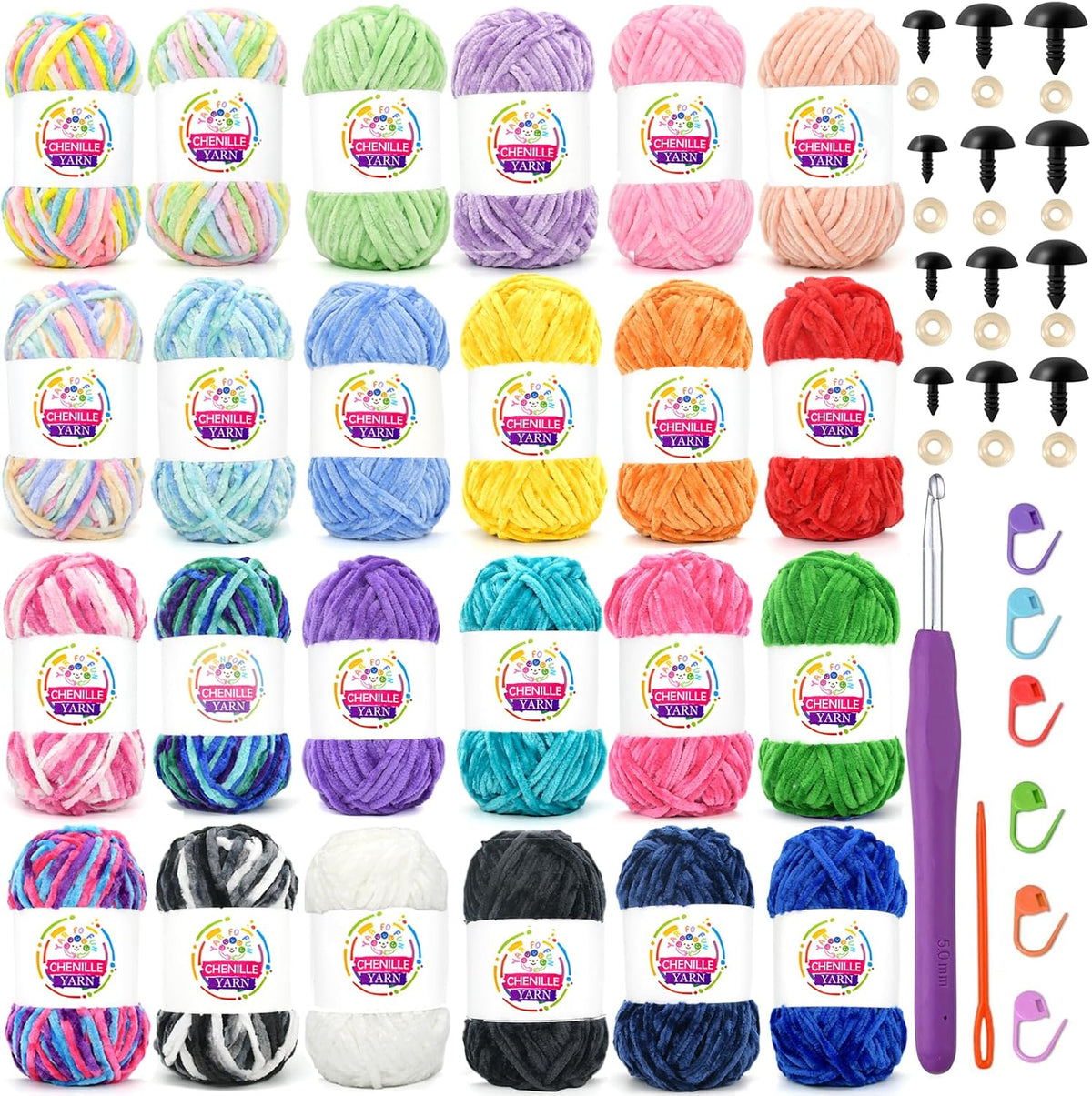 24 Pack Rainbow Velvet Chenille Yarn for Crocheting,Multicolor Fluffy