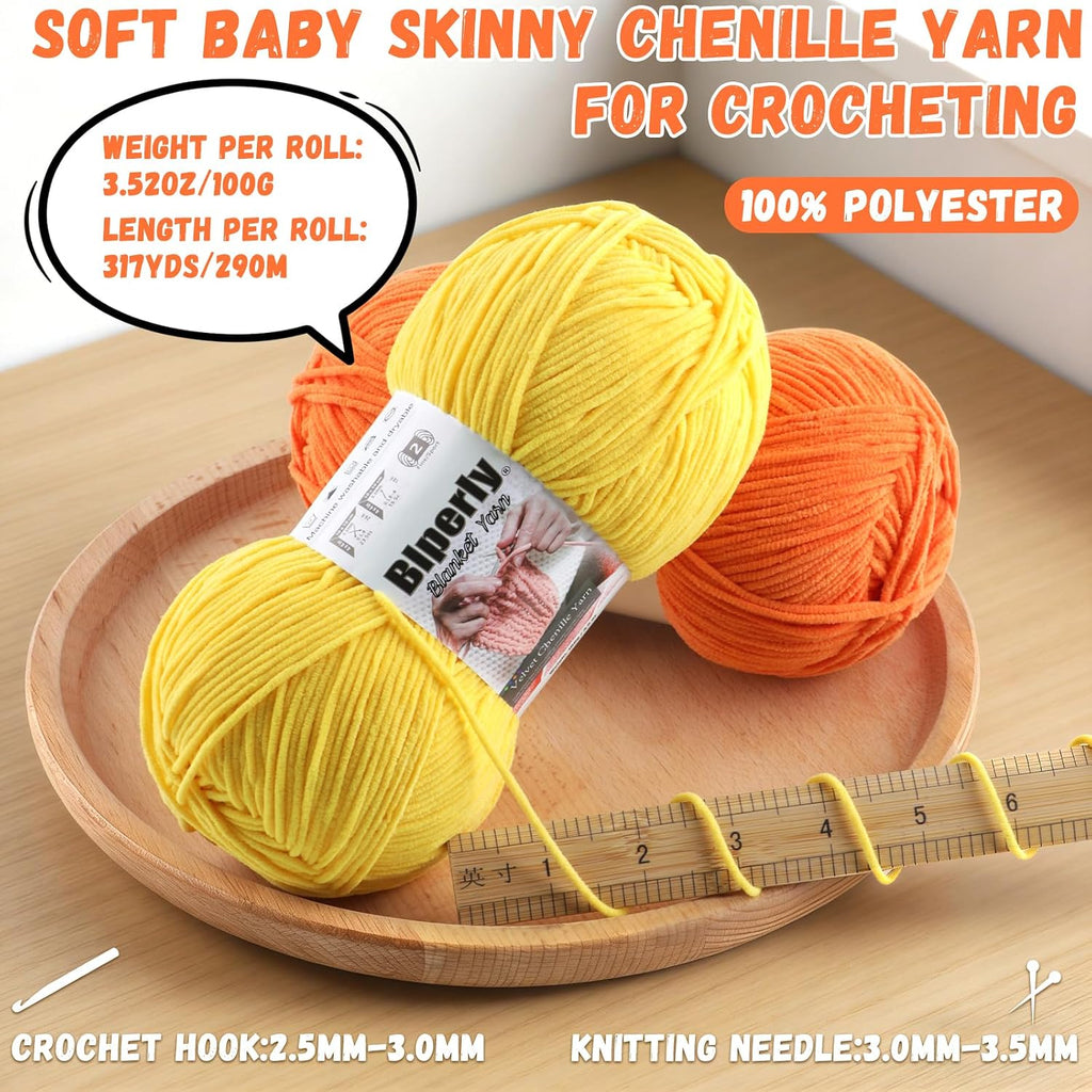 Skinny Chenille Yarn for Crocheting and Knitting - 1 Pack of