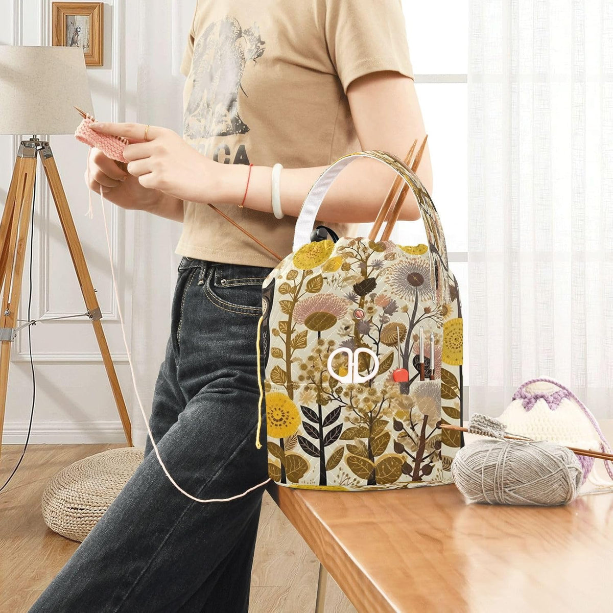 YETTASBIN Flower Owl Yarn Storage Bag, Large Crochet Knitting Bag