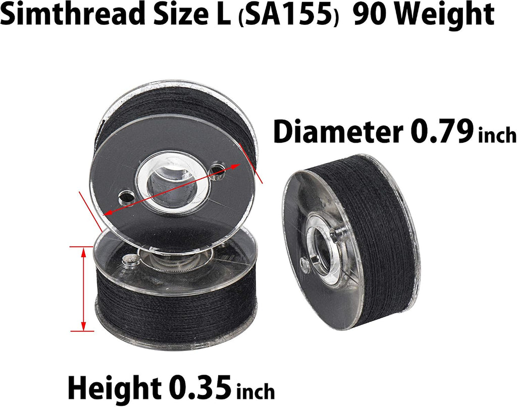 Simthread 144pcs Size L SA155 90WT Prewound Bobbin Thread - Black