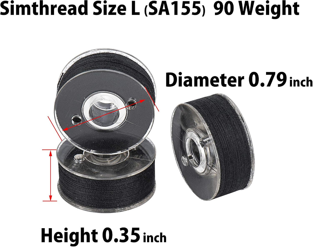 Simthread 144pcs Size L SA155 90WT Prewound Bobbin Thread - Black