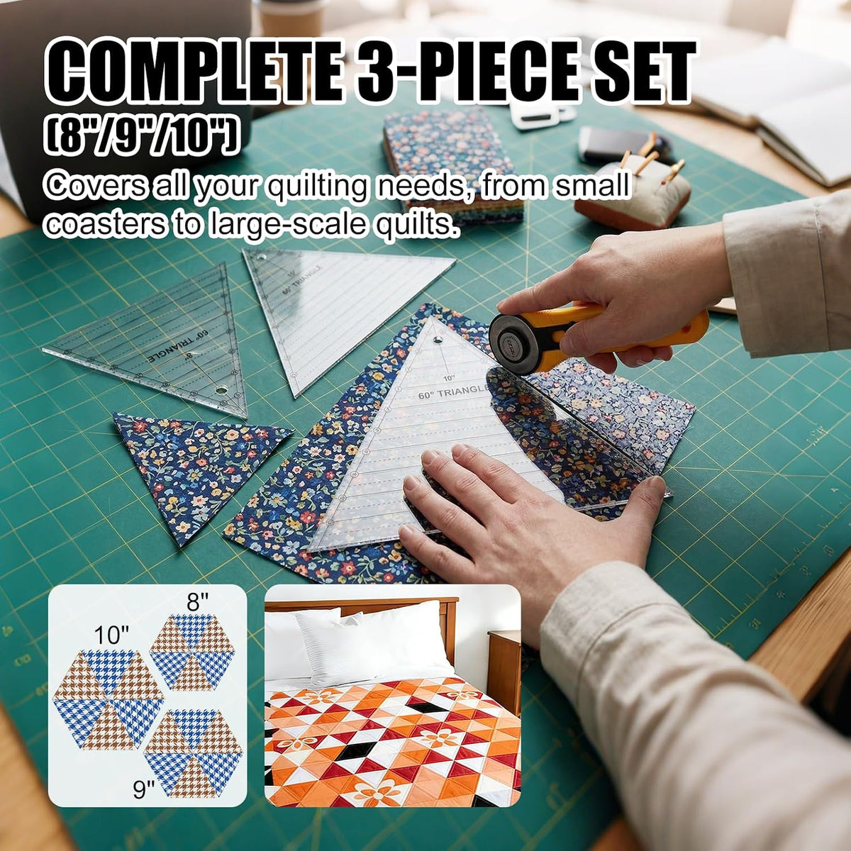 Set of 3 60 Degree Triangle Ruler Combo (8, 9, 10 Inch), Acrylic