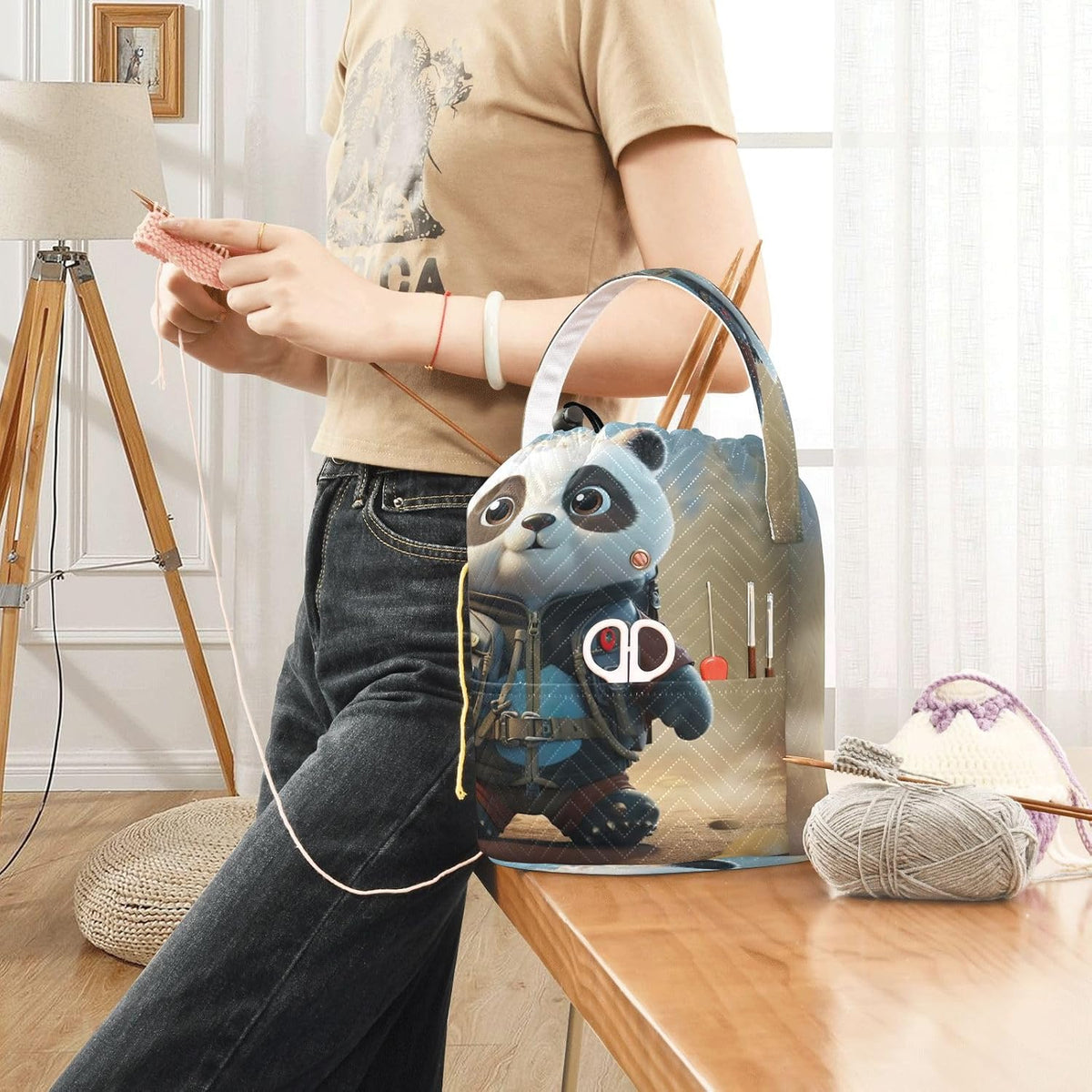 YETTASBIN Panda Yarn Storage Bag, Large Crochet Knitting Bag Organizer
