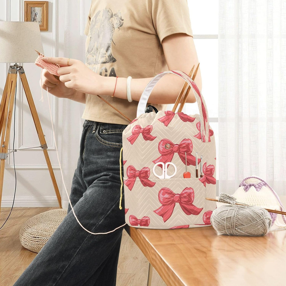 YETTASBIN Red Bow Yarn Storage Bag, Large Crochet Knitting Bag