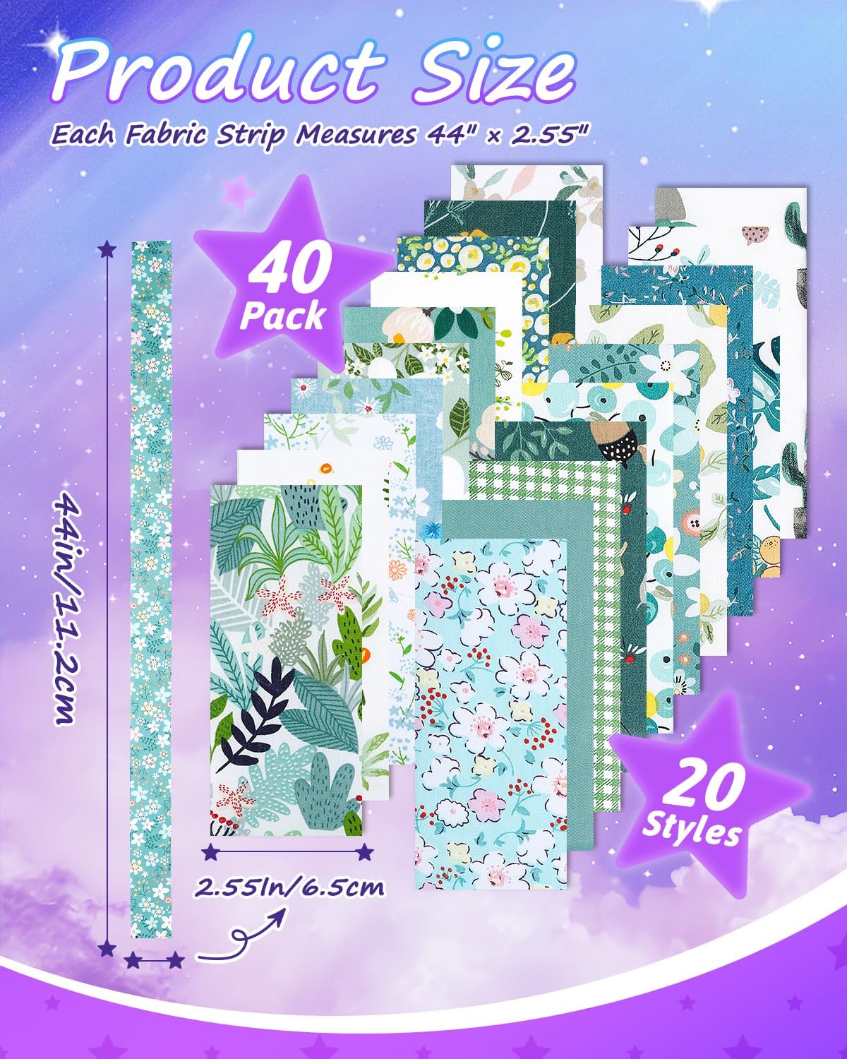 eZAKKA 40 Pack Green Jelly Roll Fabric, Floral Cotton Strips for