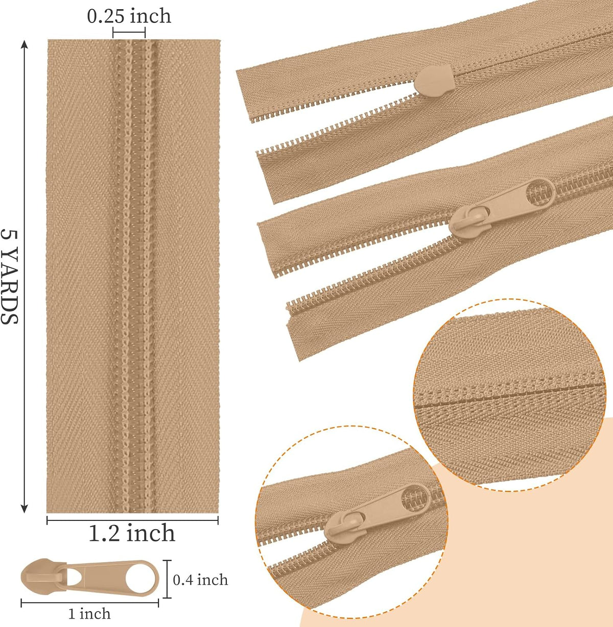 Syhood 12 Pack 36 Yard #5 Zipper Tape by Yard, Pulls, Skin Tone Color