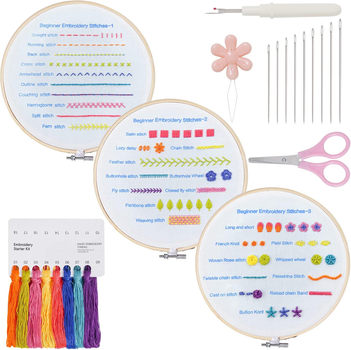 Lystaii Beginners Embroidery Stitch Practice kit, 3 Sets Embroidery