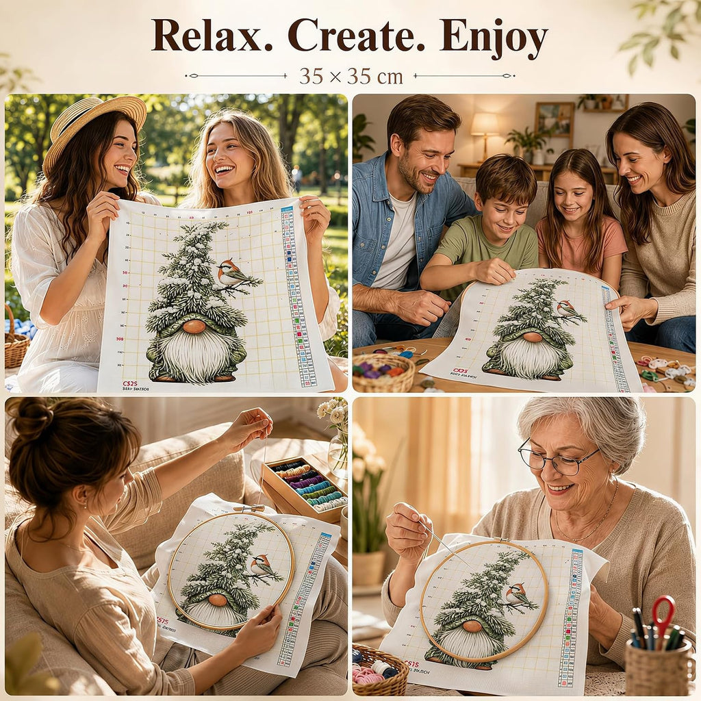 Winter Gnome Stamped Cross Stitch Kits for Beginner 13.7x13.7 Inch