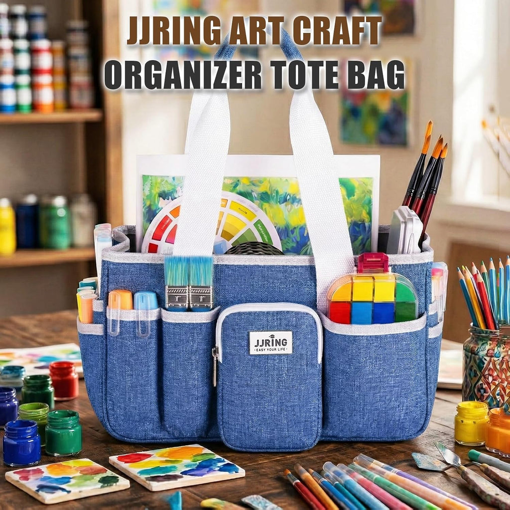 JJRING Foldable Craft Organizer Tote With Zipper & Divider, Blue