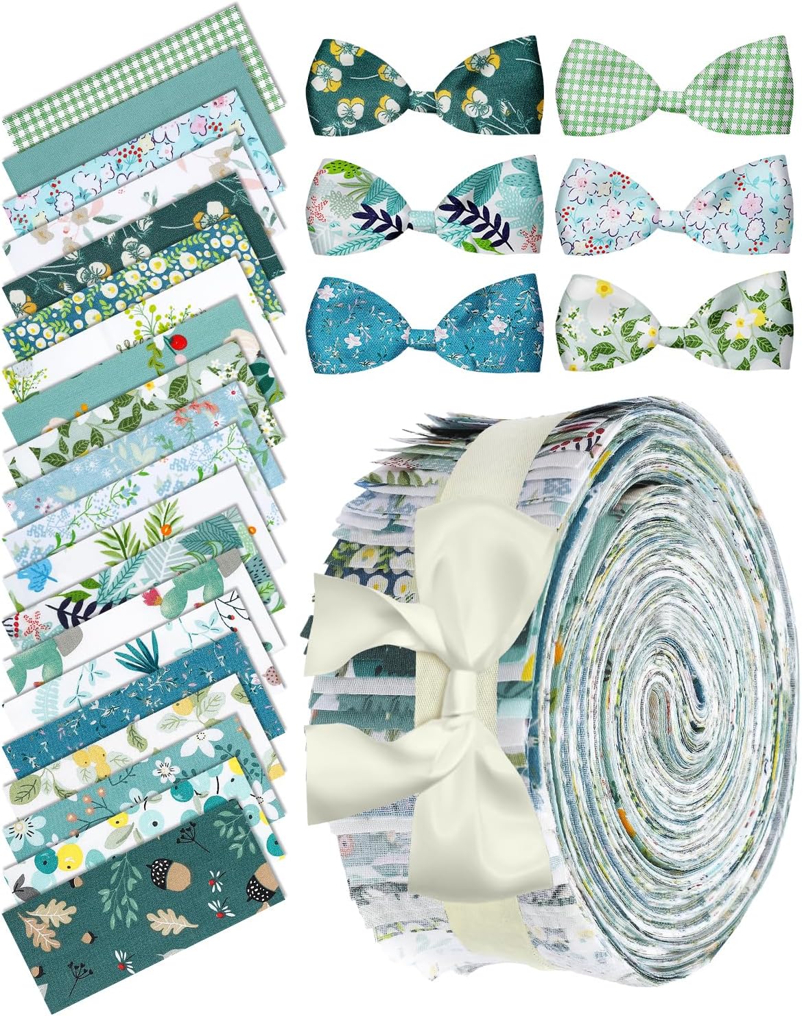 eZAKKA 40 Pack Green Jelly Roll Fabric, Floral Cotton Strips for