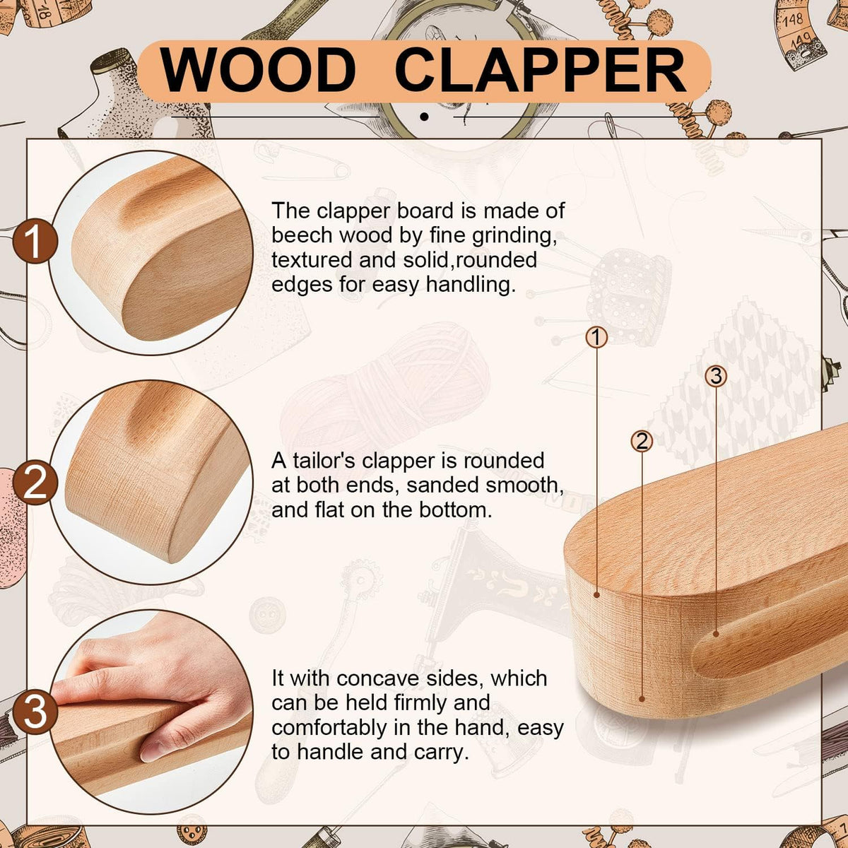 2 Pcs Beech Wood Tailors Clapper Wooden Clapper Sewing Tool Steam Iron