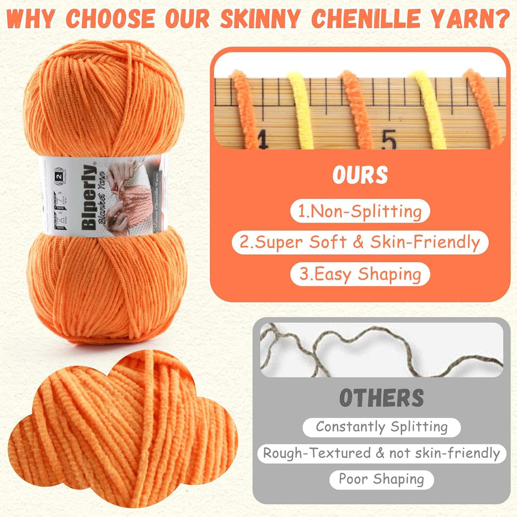Skinny Chenille Yarn for Crocheting and Knitting - 1 Pack of