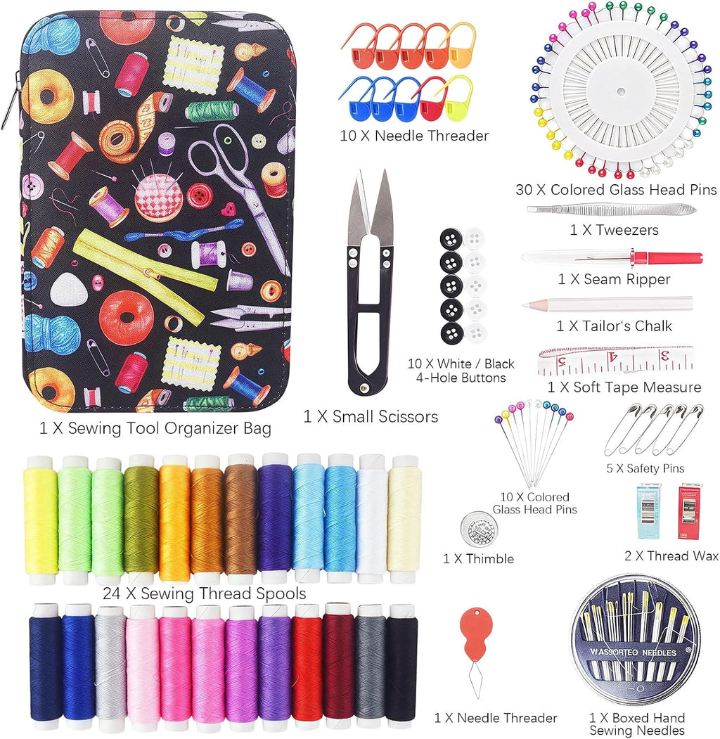 Portable Sewing Kit, 24 Color Threads, Sewing Supplies Organizer with