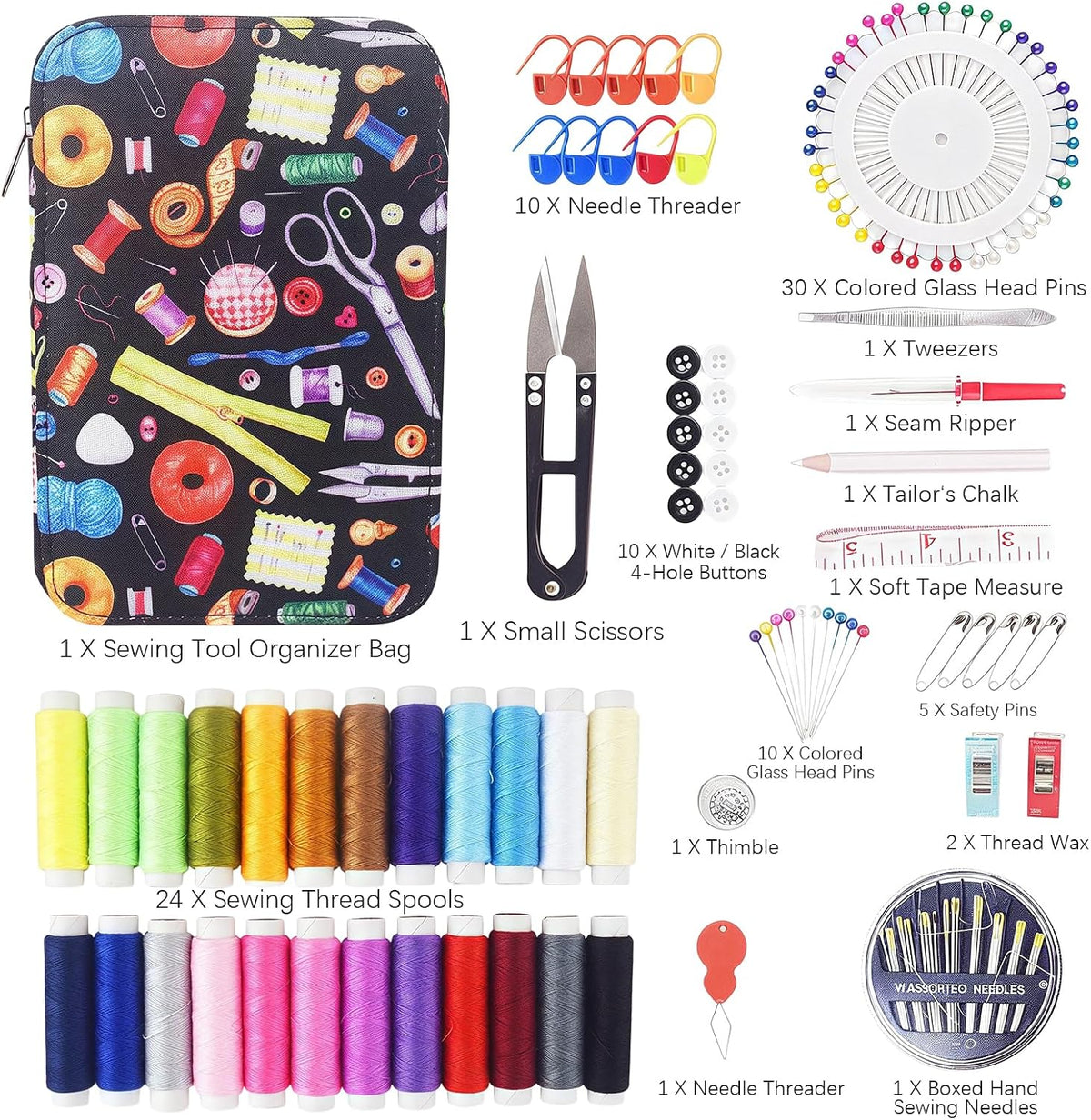 Portable Sewing Kit, 24 Color Threads, Sewing Supplies Organizer with