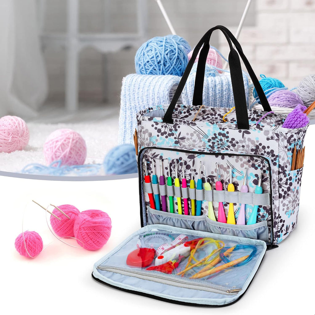 CURMIO Knitting Tote, Yarn Storage Bag with Multiple Pockets