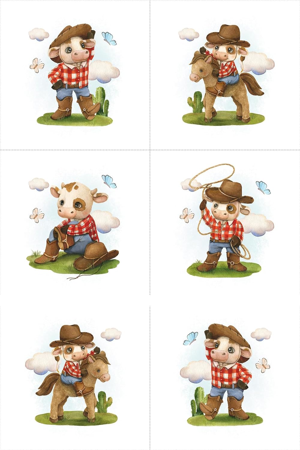 UNIQUE Cowboy Quilting Fabric Panel Set of 6, 12x12in, 100% Cotton
