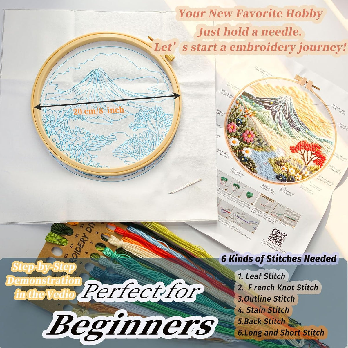 FONNUY Embroidery Kit for Beginners, Flower Hill Nature Landscape