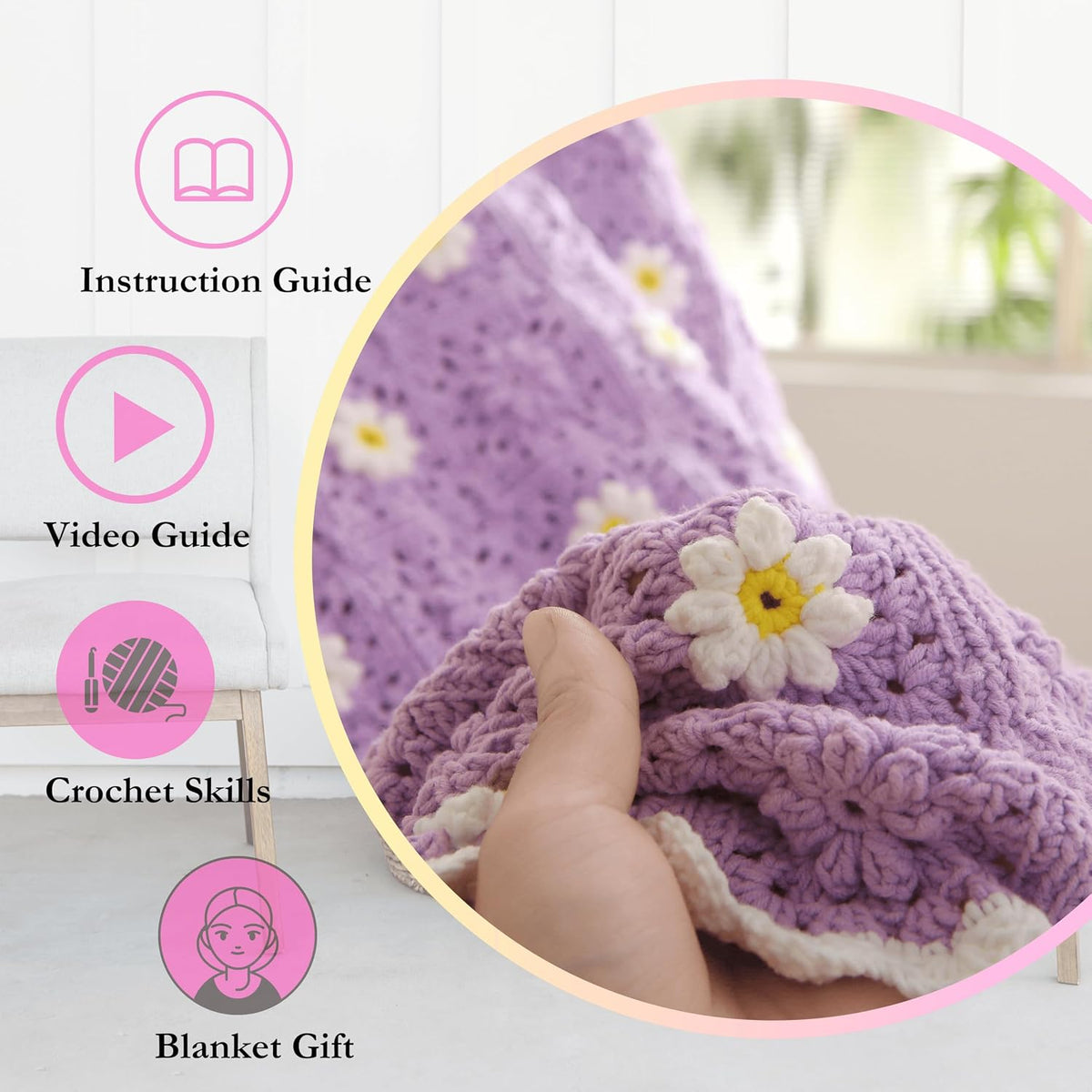 CSWCS Crochet Blanket Kit for Beginner, Purple Daisy Granny Square