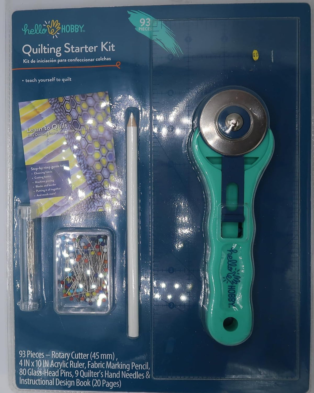 Hello Hobby Quilting Starter Kit 93 Peices- Rotary Cutter (45 mm), in
