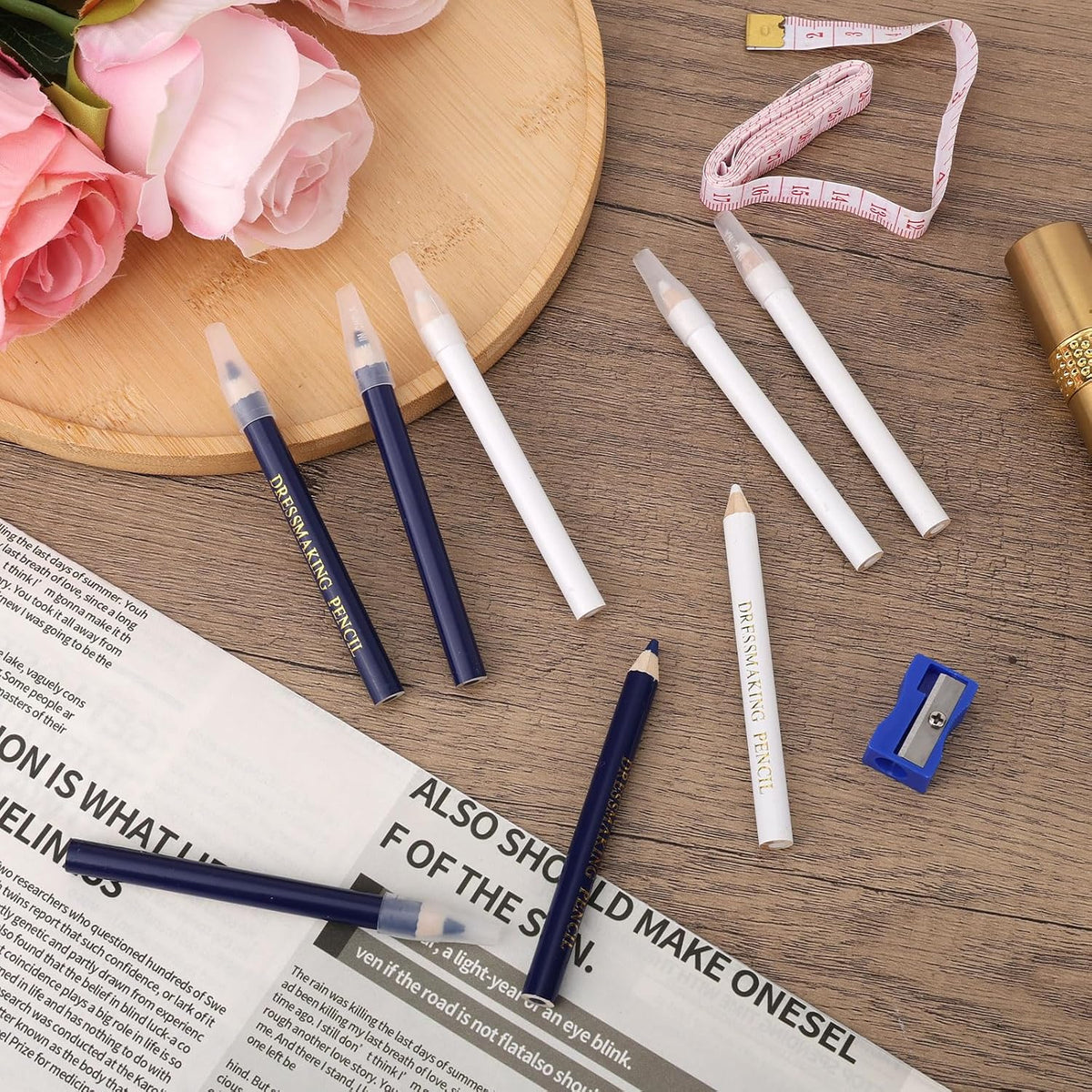 BOXOB 8pcs Fabric Pencils for Sewing, White and Blue