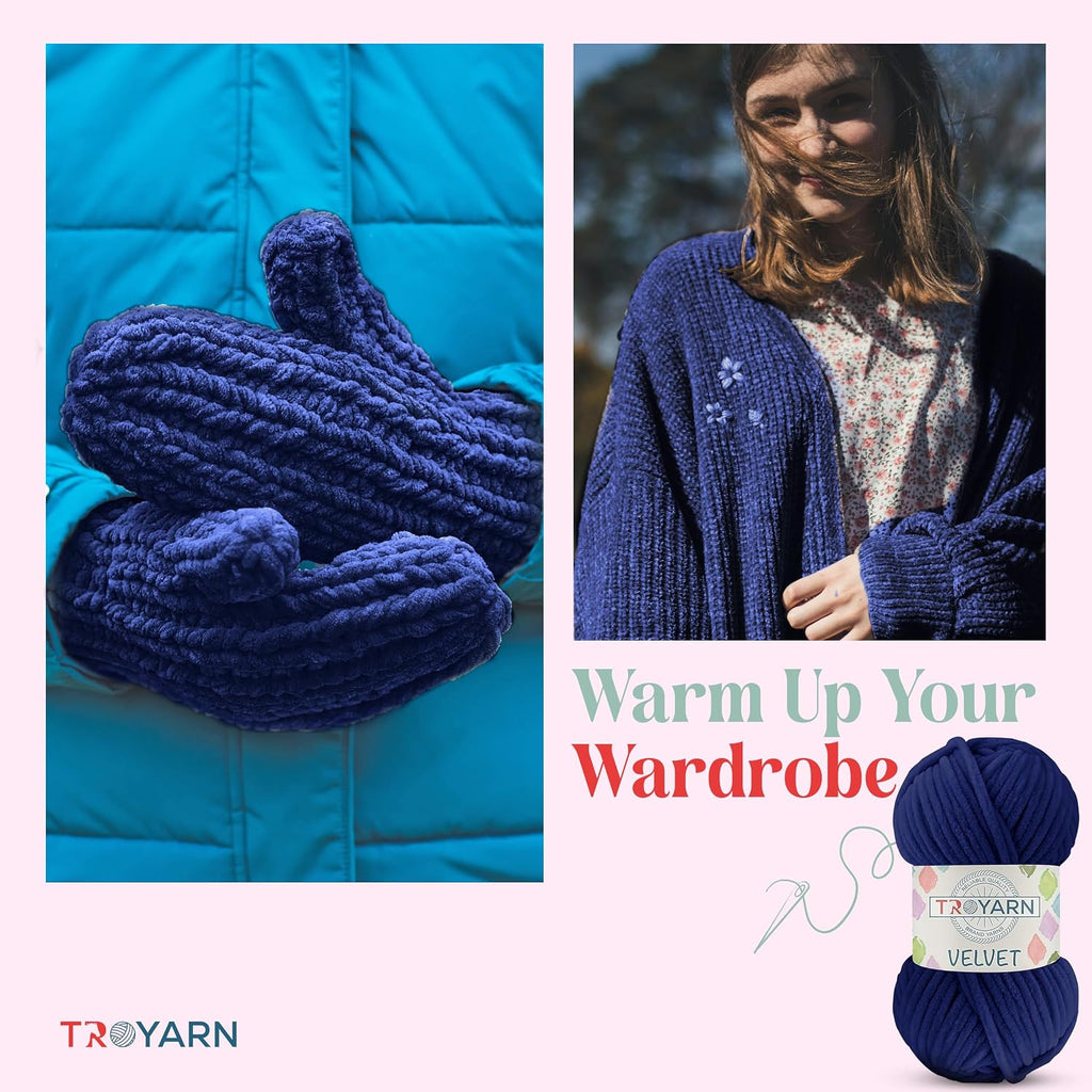 Troyarn Velvet Yarn for Crocheting, Super Bulky Chenille Yarn, Navy