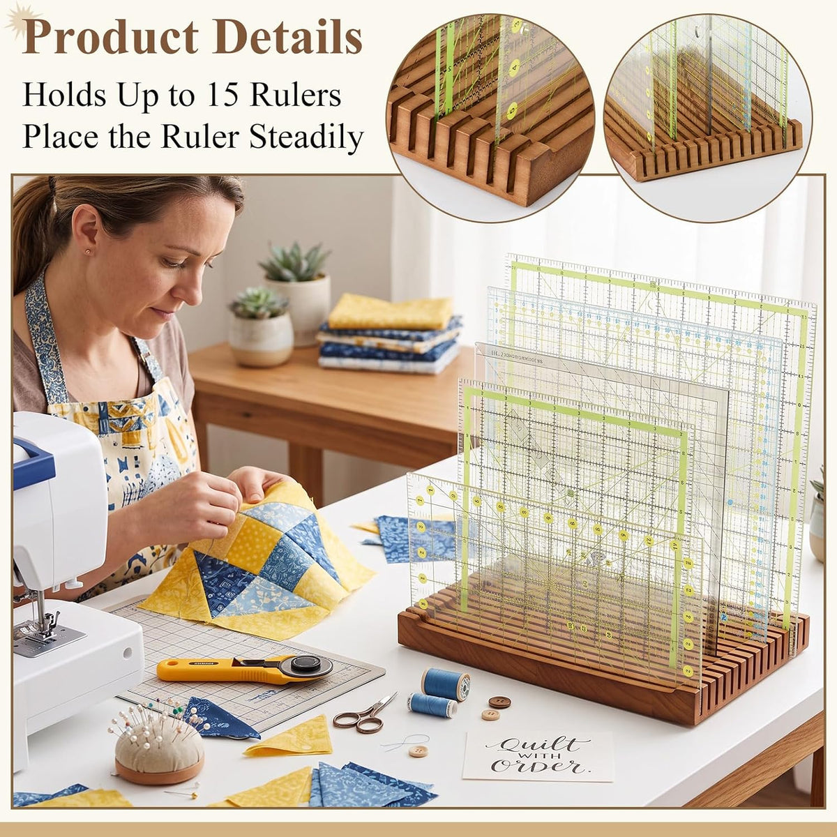 Pinkunn 1 Piece Wooden Quilting Ruler Holder Organizer 12.5 Inch 15