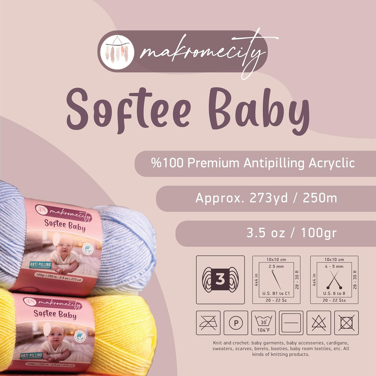 Softee Baby Yarn,%100 Premium Anti-Pilling Acrylic, 3.5 Oz, 273 yd
