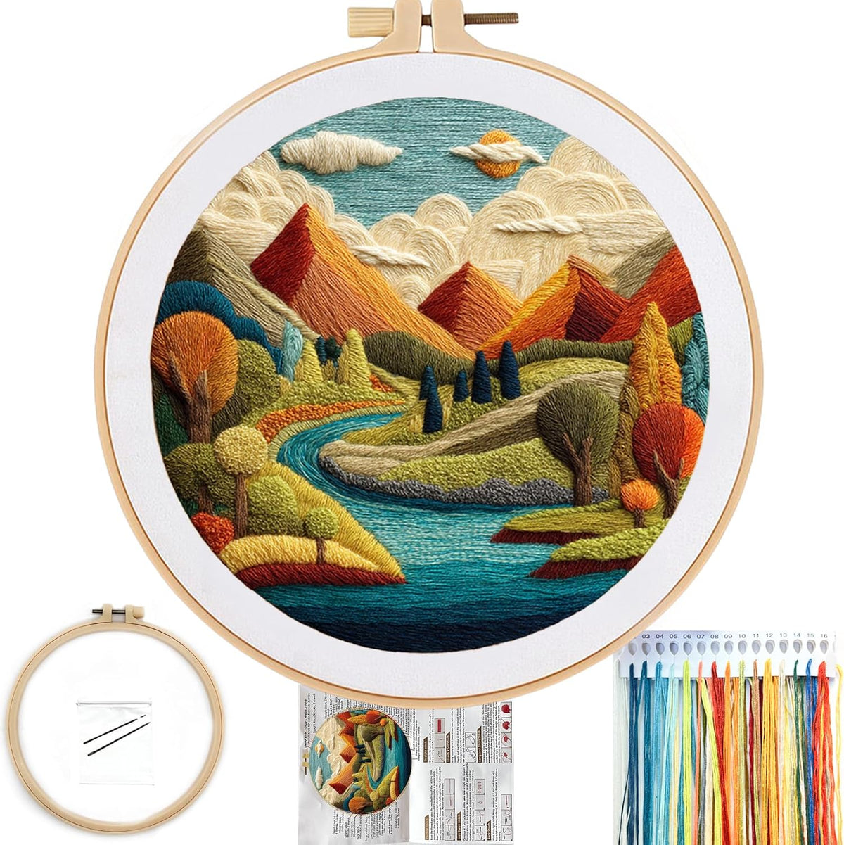 FONNUY Embroidery Kit for Beginners, Brightly Colored Landscape Lake