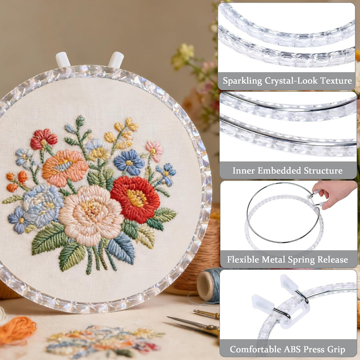 6.5" Embroidery Hoop Metal Ring Crystal ABS Frame Cross Stitch