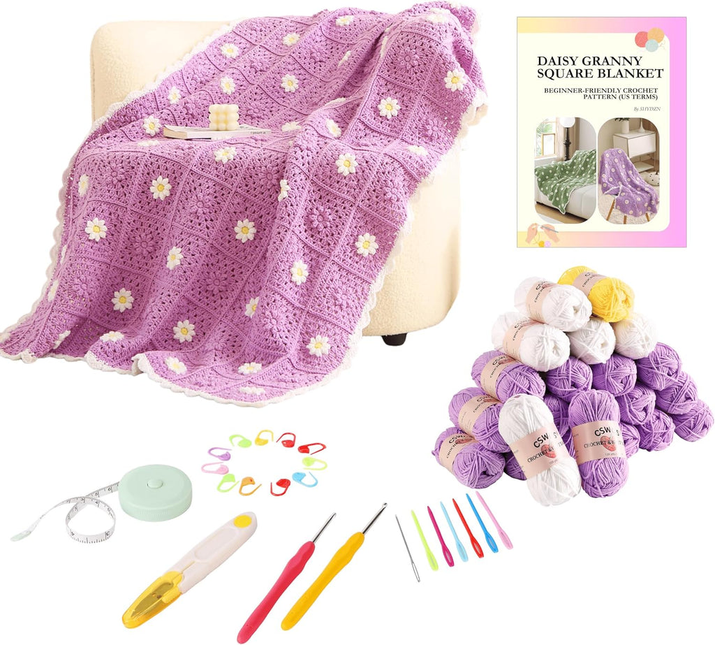CSWCS Crochet Blanket Kit for Beginner, Purple Daisy Granny Square