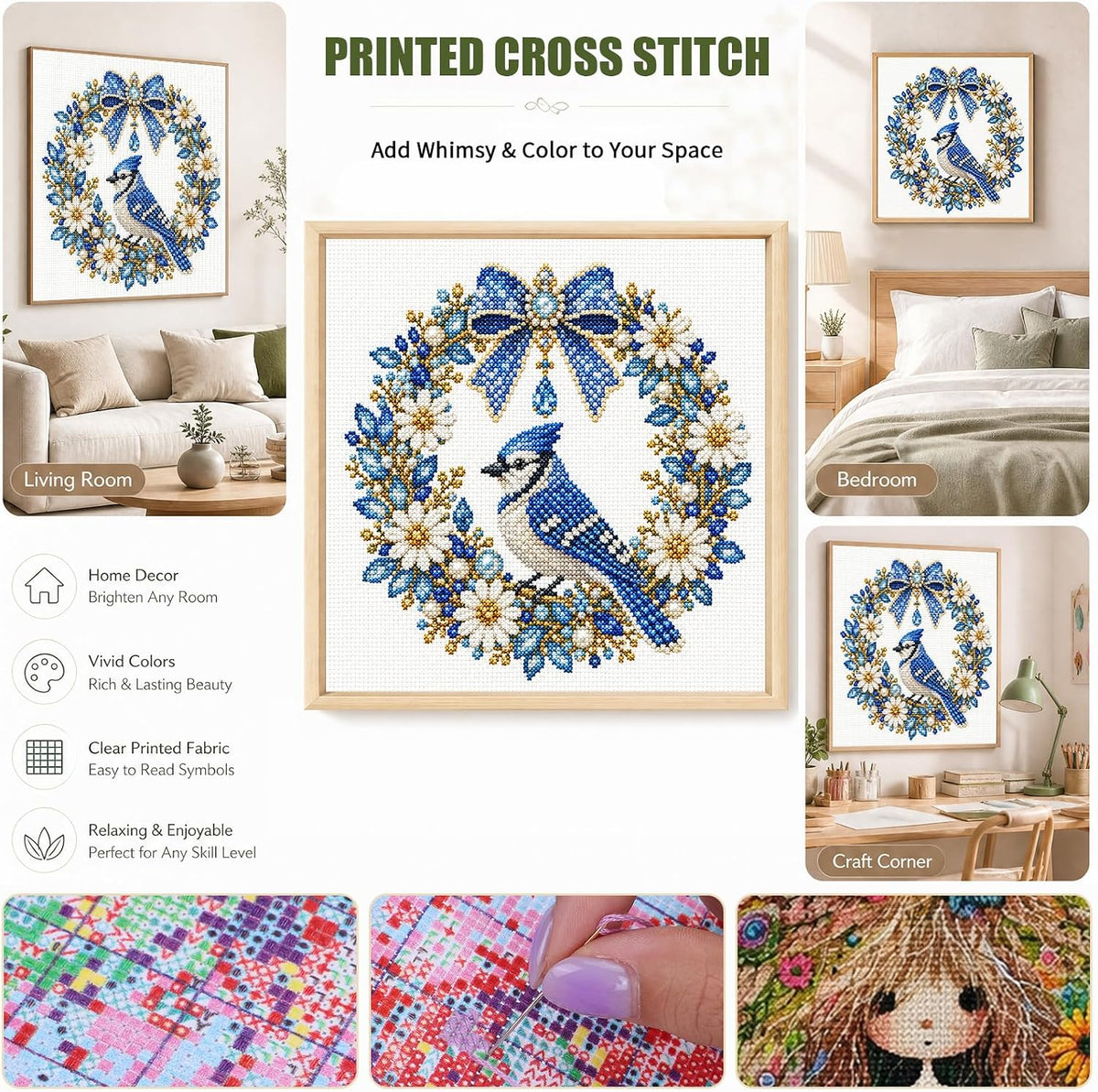 Stamped Cross Stitch Kit for Adults Bird Floral Bow 11CT (Blue Jay)