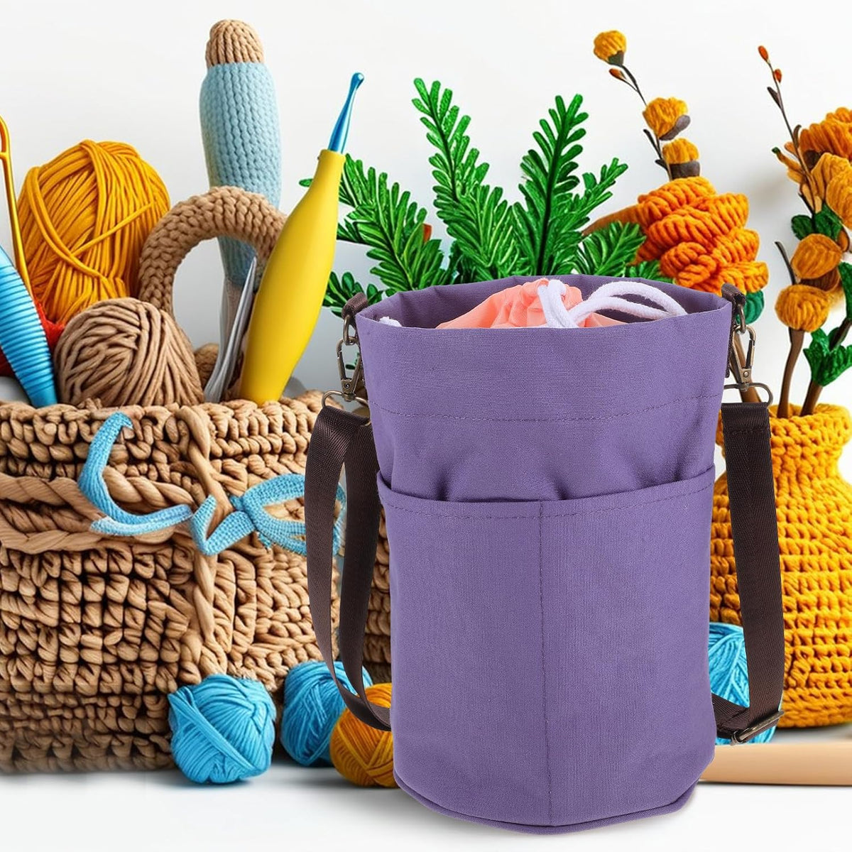 Canvas Crochet Yarn Holder Bag and Shoulder Strap with Drawstring