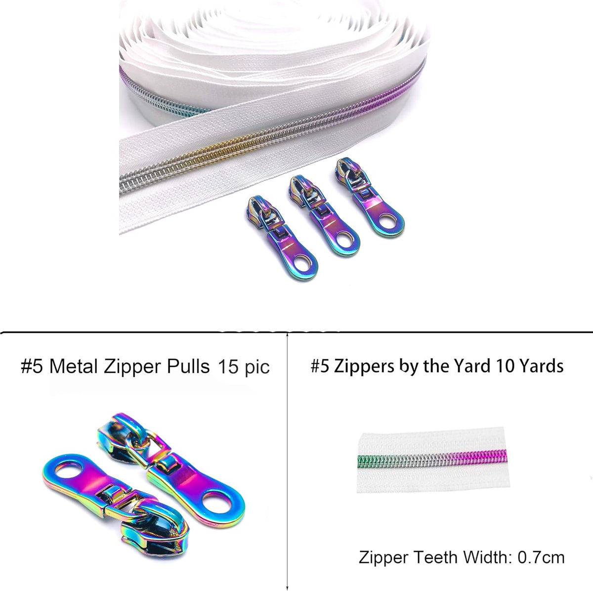 Hywei #5 Nylon Zipper Tape White 10 Yards Rainbow Teeth & 15pcs Zipper