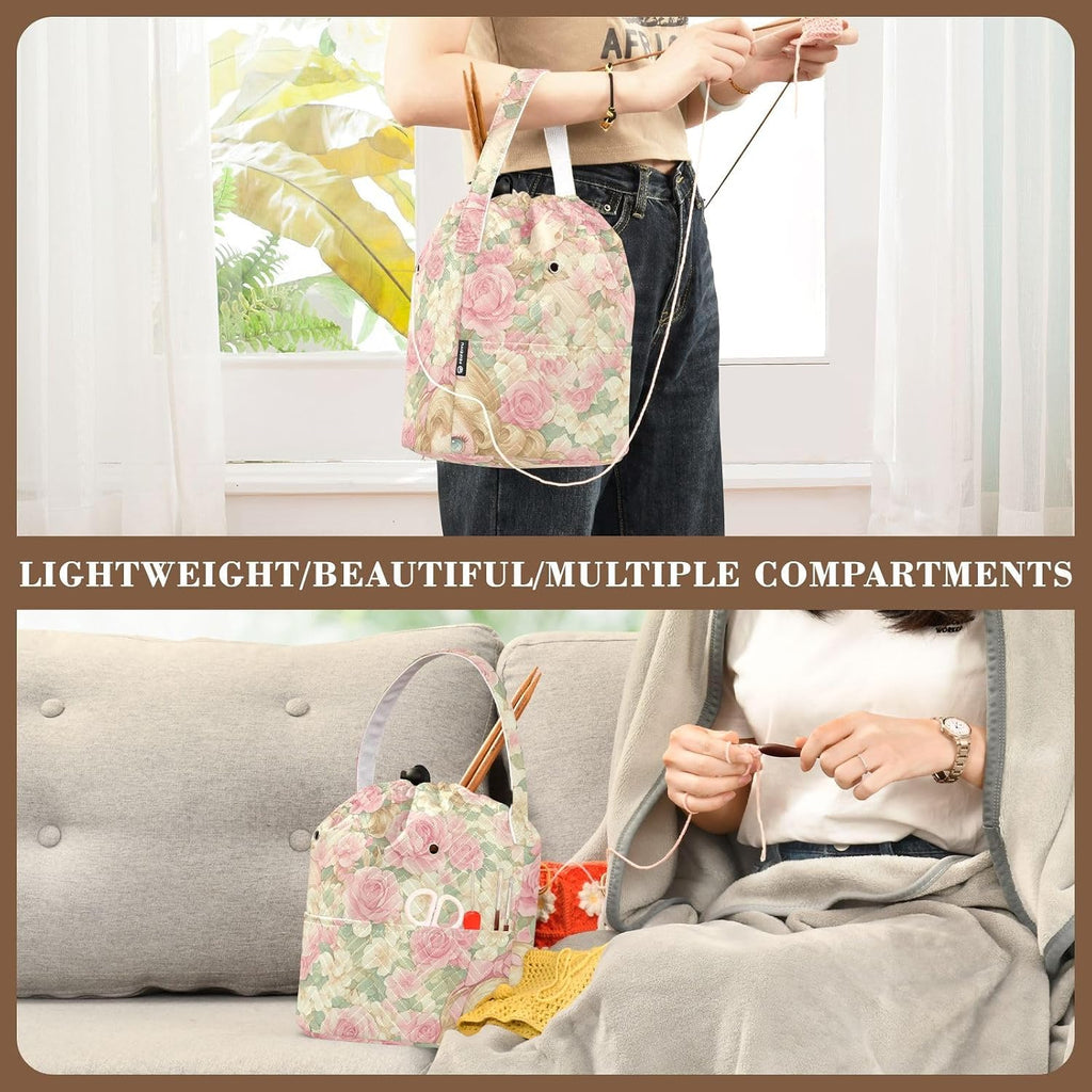 Pink Romantic Rose Flowers Yarn Storage Bag Yarn Holder Bag Portable