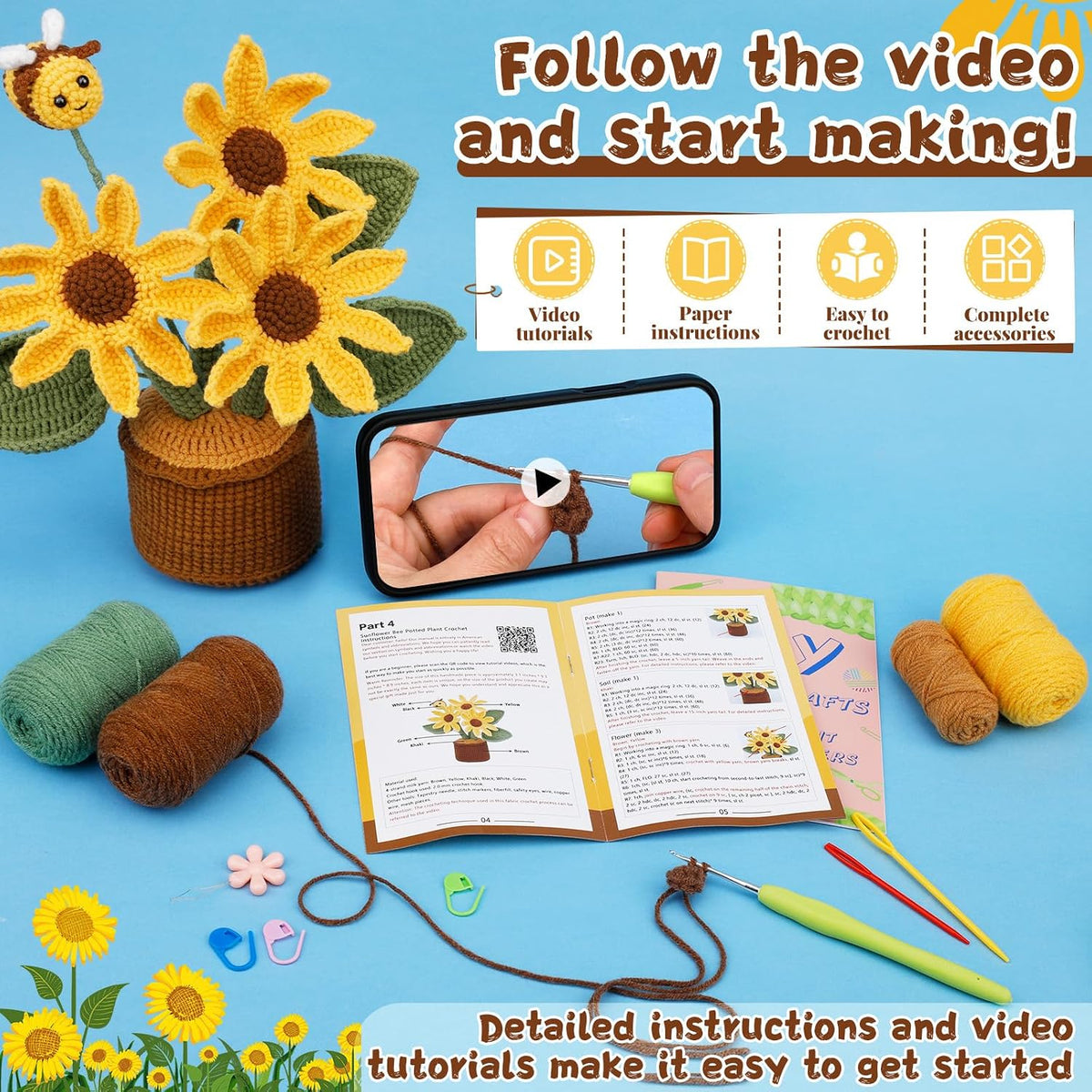 LUNARM Crochet Kits, Crochet Kit for Beginners Adults Sunflower