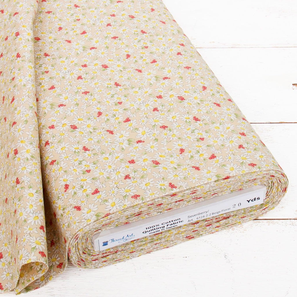 Threadart Sevenberry Beige Daisy Floral Cotton Quilting Fabric - By