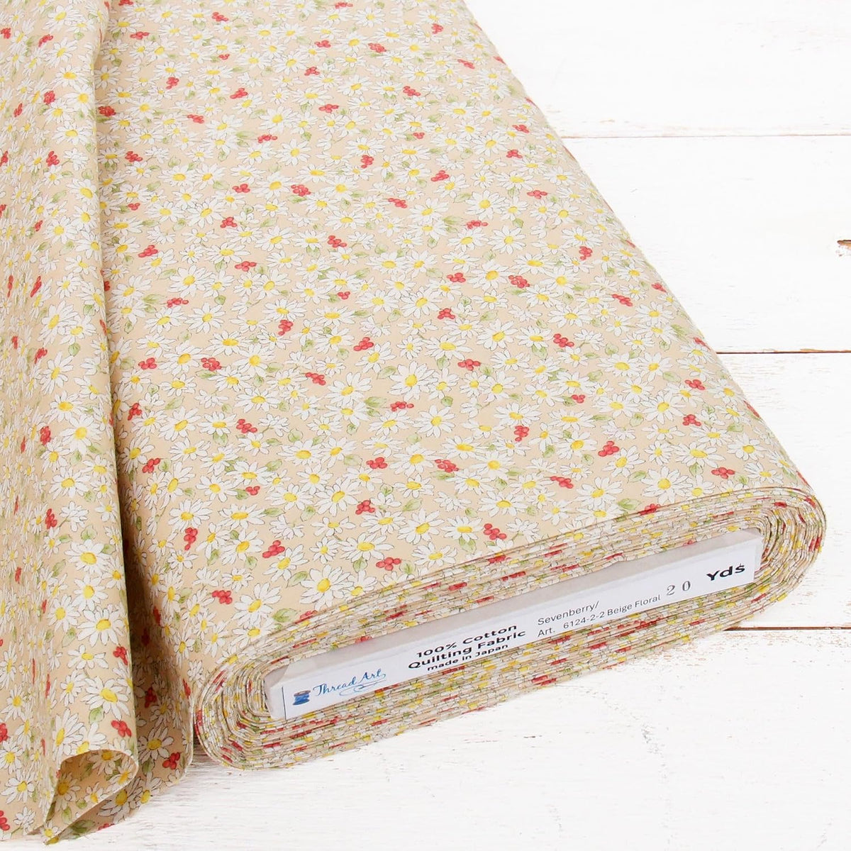 Threadart Sevenberry Beige Daisy Floral Cotton Quilting Fabric - By