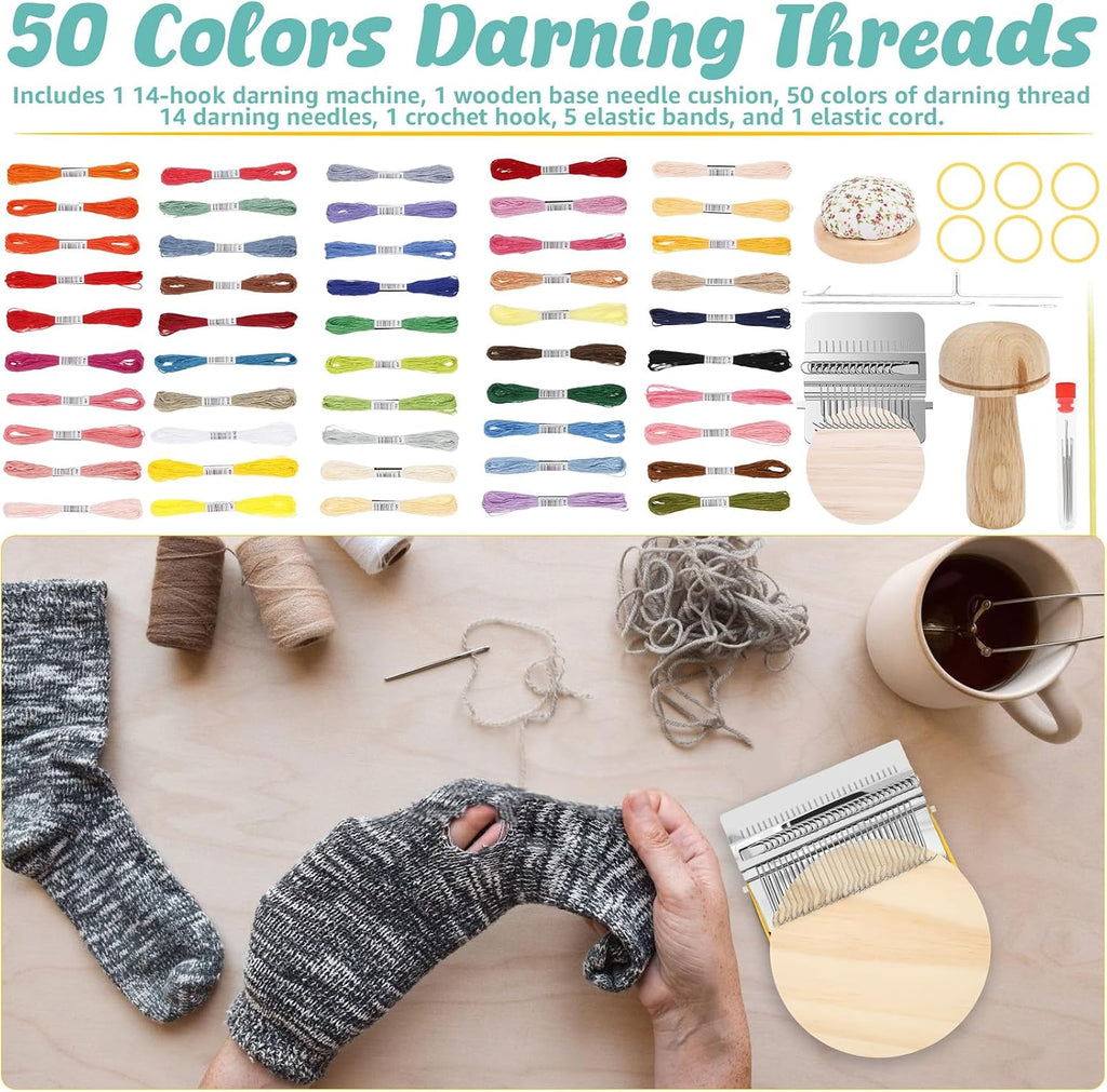 Mini Darning Frame Mushroom Knit Patch Kit with 14 Hook, Small Weaving