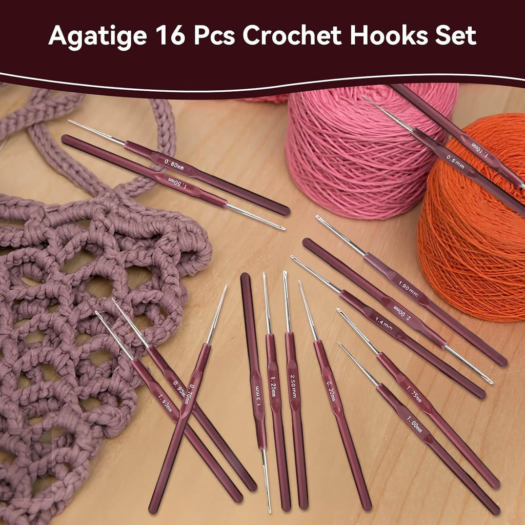 16PCS Crochet Hooks Set with Plastic Handle, 0.5mm - 2.5mm Ultra-Fine