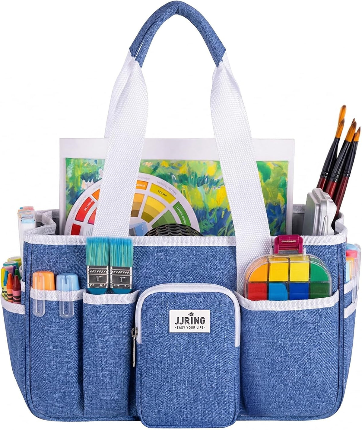 JJRING Foldable Craft Organizer Tote With Zipper & Divider, Blue