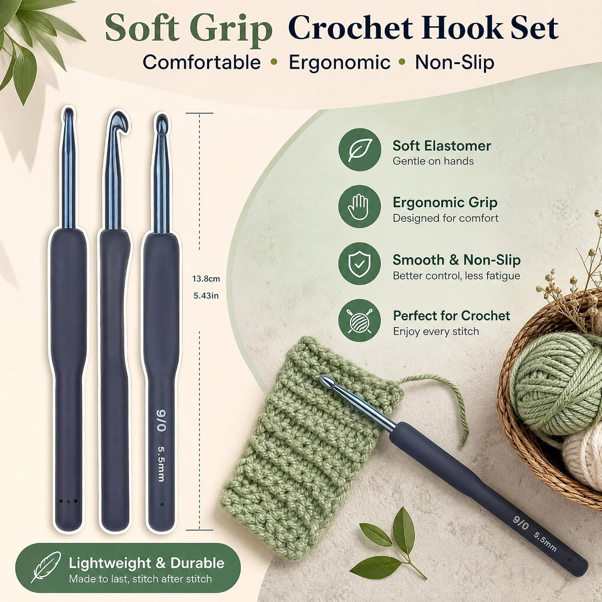 Aluminum Crochet Hook Set, 9Pcs 2.0mm-6.0mm Blue Silicone Soft Grips