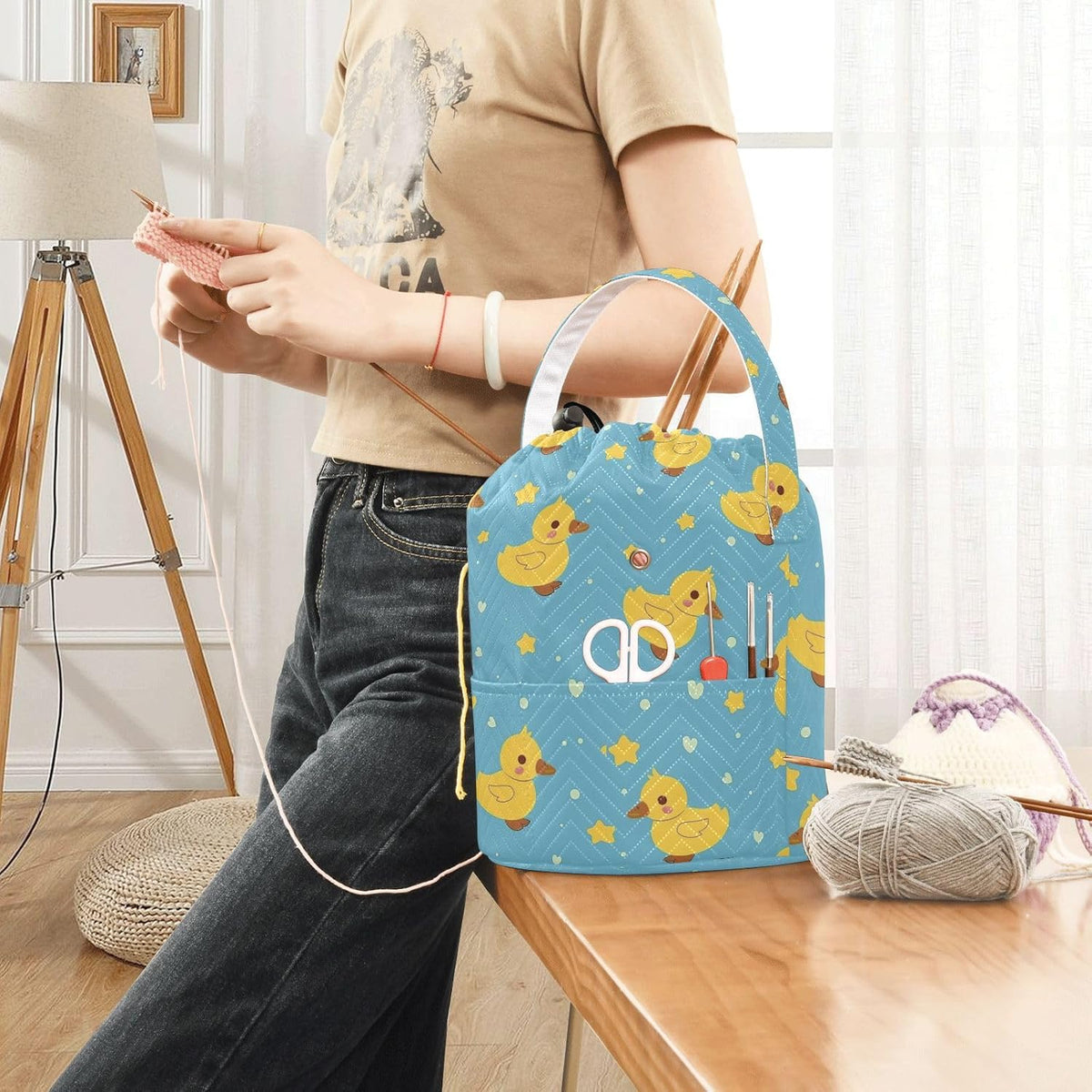 Fustylead Cute Yellow Duck and Hearts Stars Knitting Yarn Storage Tote