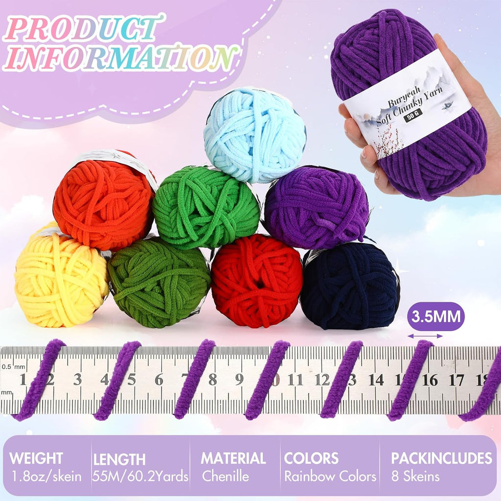 Buryeah 8 Pack #5 Skinny Chenille Yarn for Hand Knitting Rainbow