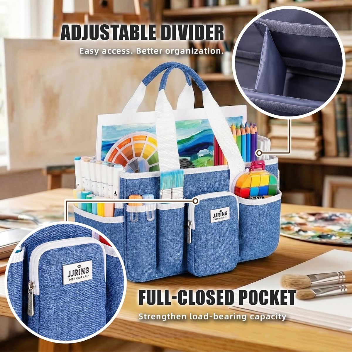 JJRING Foldable Craft Organizer Tote With Zipper & Divider, Blue