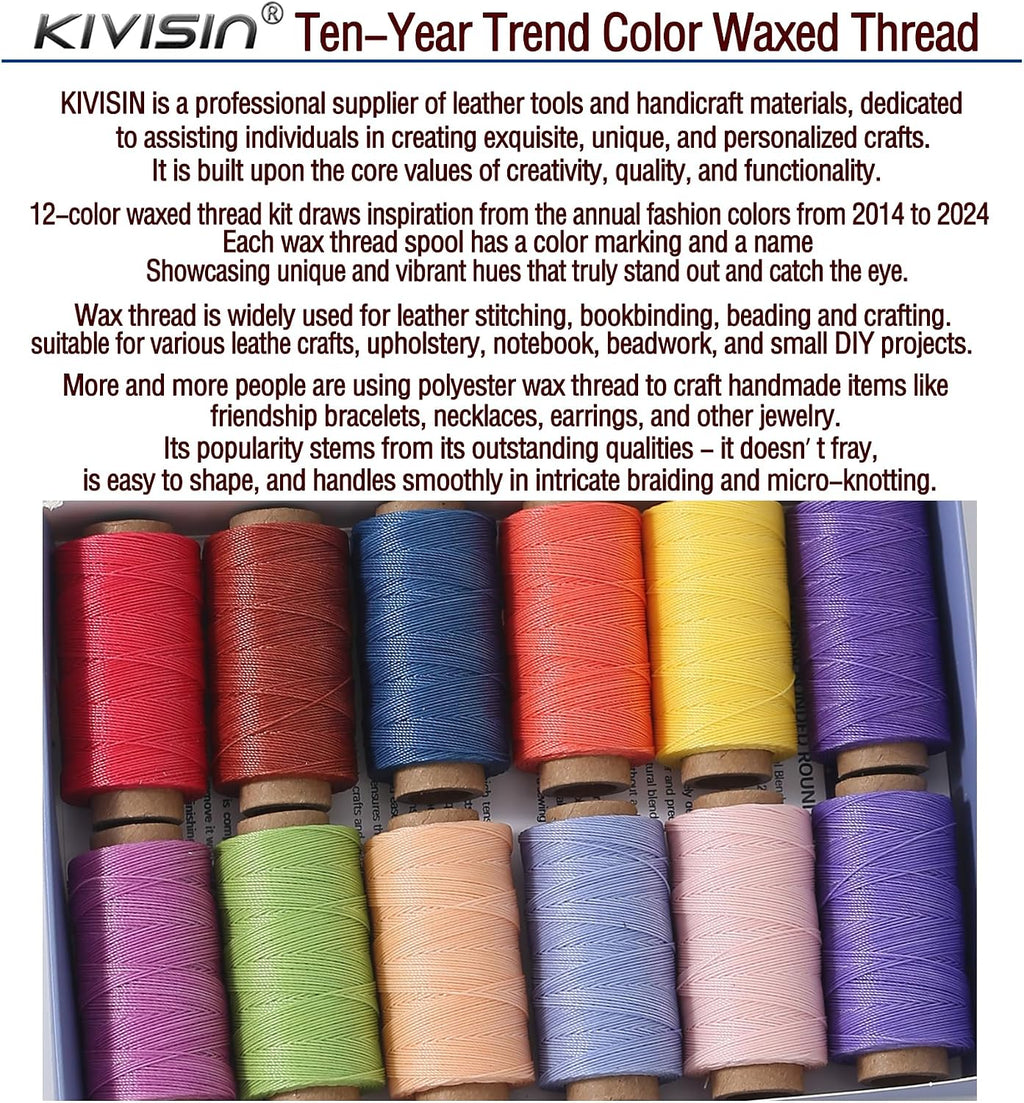12 Multicolor Round Waxed Thread, 0.45mm Thin and Stiff Wax Strings