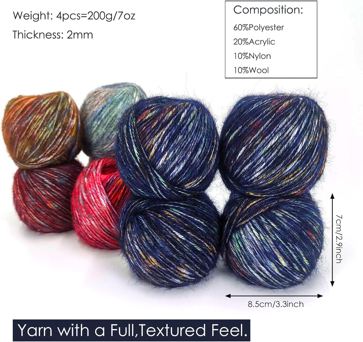 Luxury Variegated Wool Blended Yarn, 60% Polyester 20% Acrylic 10%