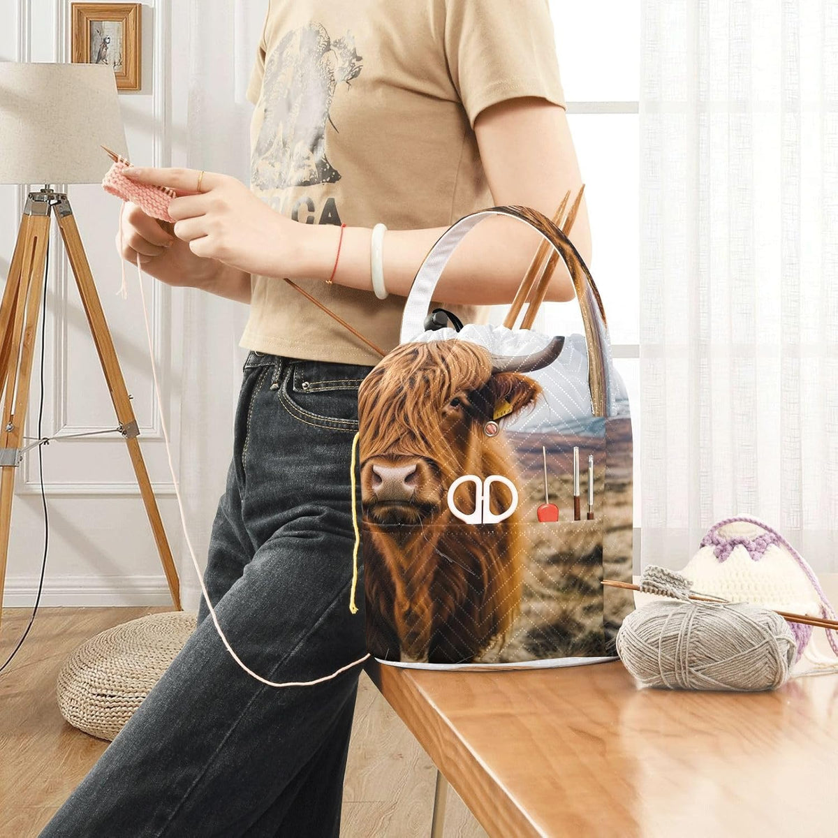 YETTASBIN Highland Cow Yarn Storage Bag, Large Crochet Knitting Bag