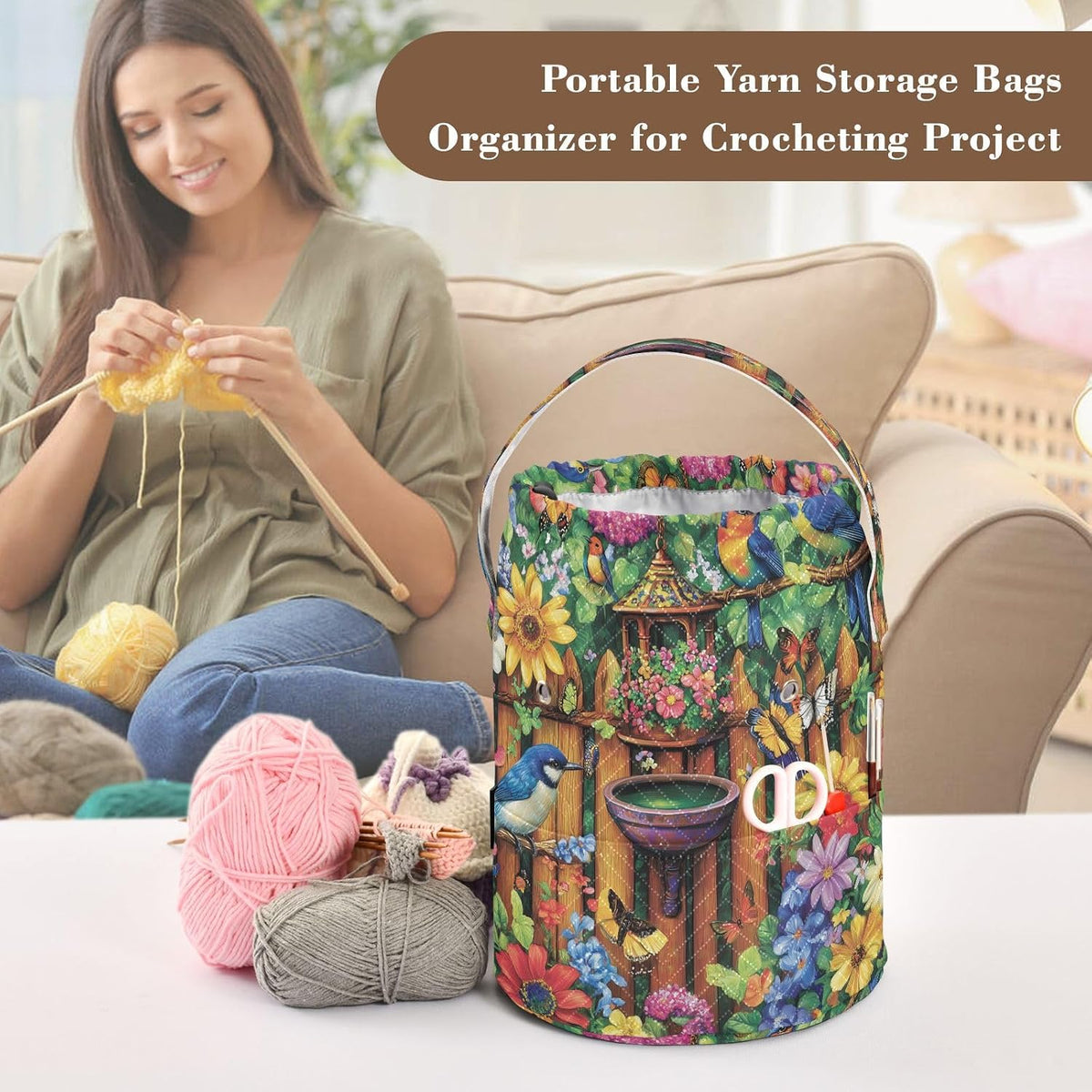 Butterfly Flowers Birdbath Garden Crochet Kit Bag Organizer Yarn