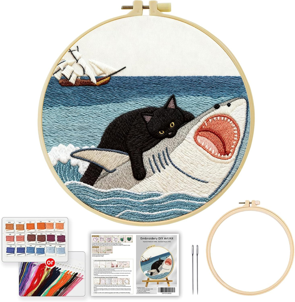 Black Cat Riding a Shark and a Sailboat Stamped Pattern Embroidery Kit